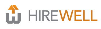 Hirewell logo: A gray "W" with an orange arrow pointing up above it. The word Hirewell next to it.